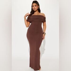 Elegant Off-Shoulder Brown Dress XS Fashion Nova